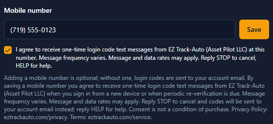 The same Mobile number field after the user ticks the consent checkbox: Save is now enabled.