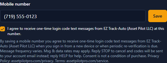 Screenshot of the Mobile number field in Settings with the consent checkbox ticked beneath it and the login code consent statement displayed under the checkbox.