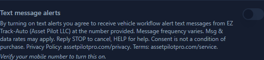 Screenshot of the Text message alerts toggle in Settings with the vehicle alert consent statement displayed beneath it.