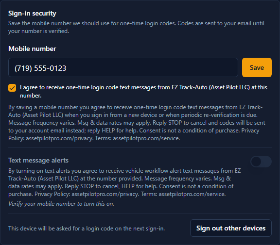 Screenshot of the complete Sign-in security card in Settings showing the mobile number field, the login code consent checkbox, the login code consent statement, the Text message alerts toggle, and the vehicle alert consent statement.